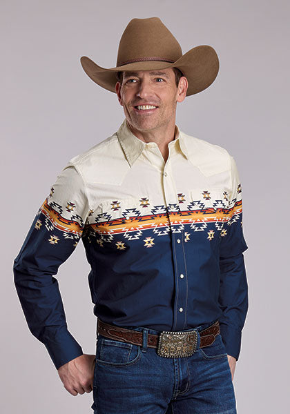ROPER MENS LONG SLEEVE SNAP OMBRE AZTEC BORDER PRINT SHIRT