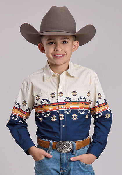 ROPER BOYS BLUE OMBRE AZTEC BORDER SNAP LONG SLEEVE SHIRT