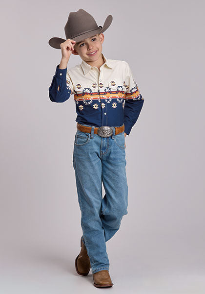 ROPER BOYS BLUE OMBRE AZTEC BORDER SNAP LONG SLEEVE SHIRT