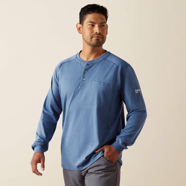 ARIAT Men's Flame Resistance Air Henley Medium Blue Long Sleeve  T-Shirt