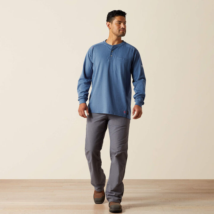 ARIAT Men's Flame Resistance Air Henley Medium Blue Long Sleeve  T-Shirt