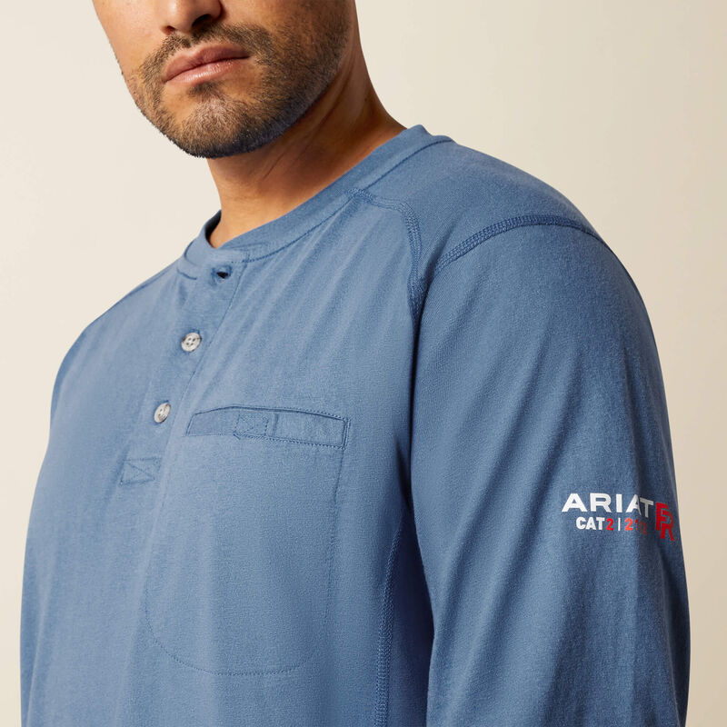 ARIAT Men's Flame Resistance Air Henley Medium Blue Long Sleeve  T-Shirt