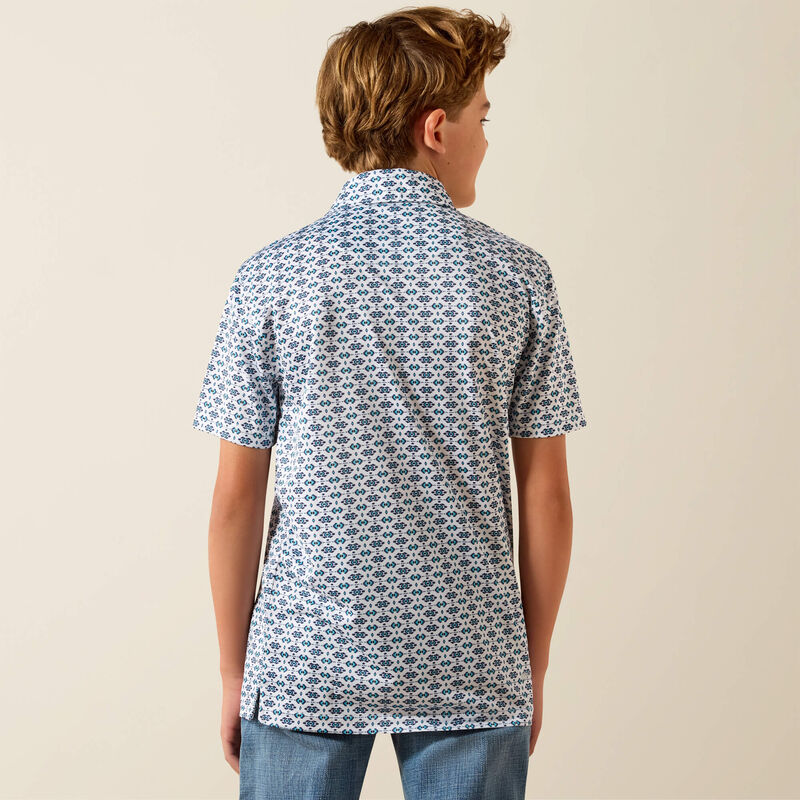 ARIAT BOY'S ALL OVER PRINT SS POLO WHITE SOUTHWEST SPACE POLO SHIRT