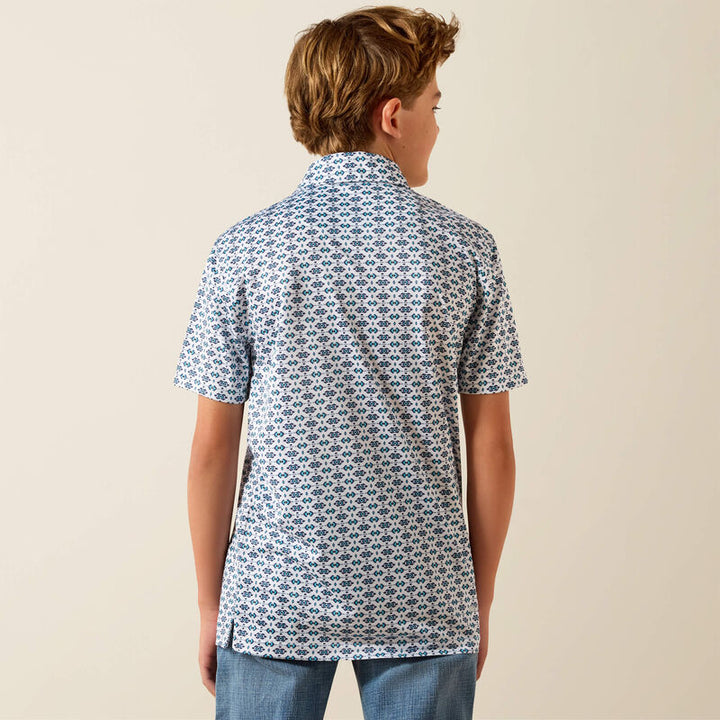 ARIAT BOY'S ALL OVER PRINT SS POLO WHITE SOUTHWEST SPACE POLO SHIRT