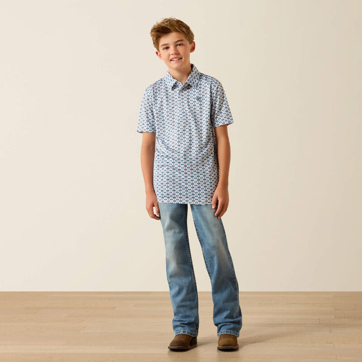 ARIAT BOY'S ALL OVER PRINT SS POLO WHITE SOUTHWEST SPACE POLO SHIRT