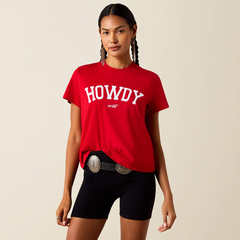 ARIAT WOMEN'S RED CRIMSON/WHITE COLLEGIATE HOWDY T-SHIRT