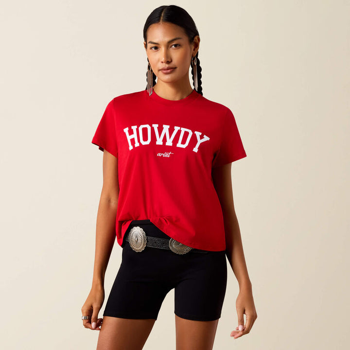 ARIAT WOMEN'S RED CRIMSON/WHITE COLLEGIATE HOWDY T-SHIRT