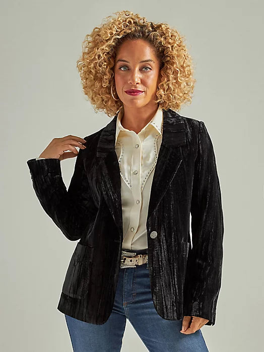 Women's Wrangler Retro® Party Velvet Blazer in Black alternative view 2 Women's Wrangler Retro® Party Velvet Blazer in Black alternative view 3 WOMEN'S WRANGLER RETRO® PARTY VELVET BLAZER IN BLACK