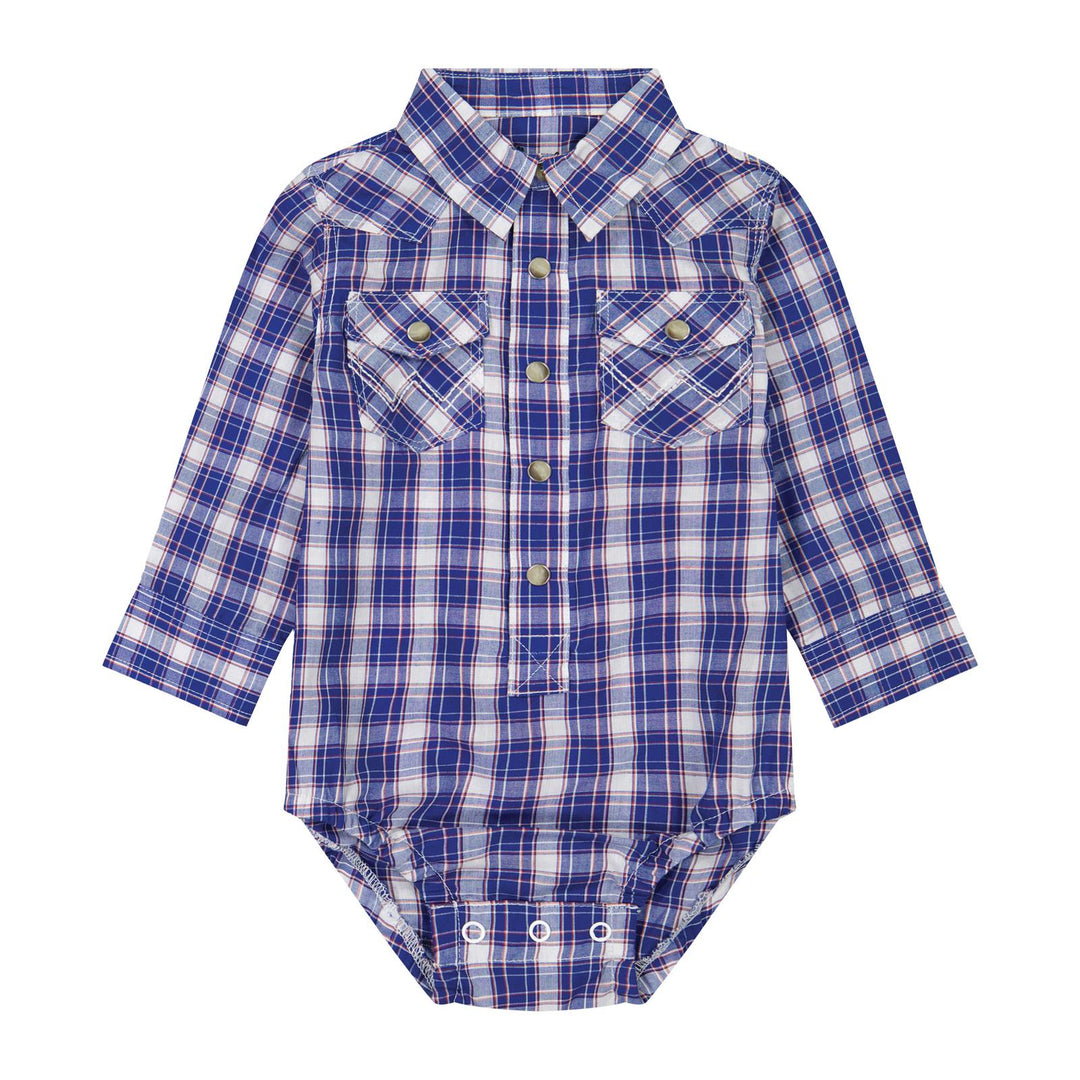 Wrangler Infants Boy Long Sleeve Blue Plaid Western Bodysuit