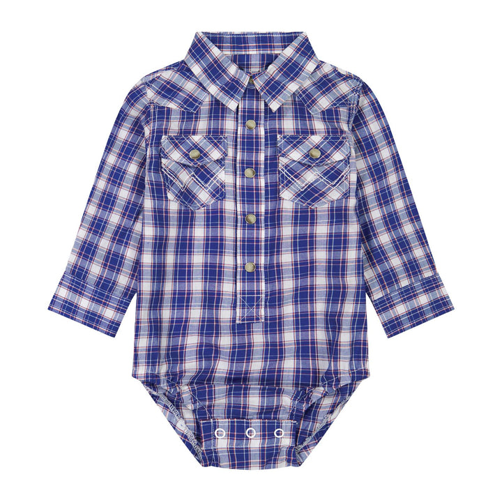 Wrangler Infants Boy Long Sleeve Blue Plaid Western Bodysuit