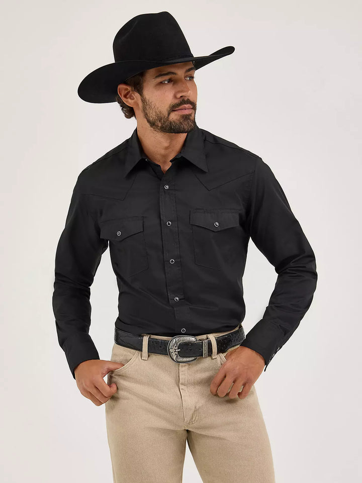 WRANGLER MENS LONG SLEEVE BLACK BROADCLOTH WESTERN SNAP SHIRT