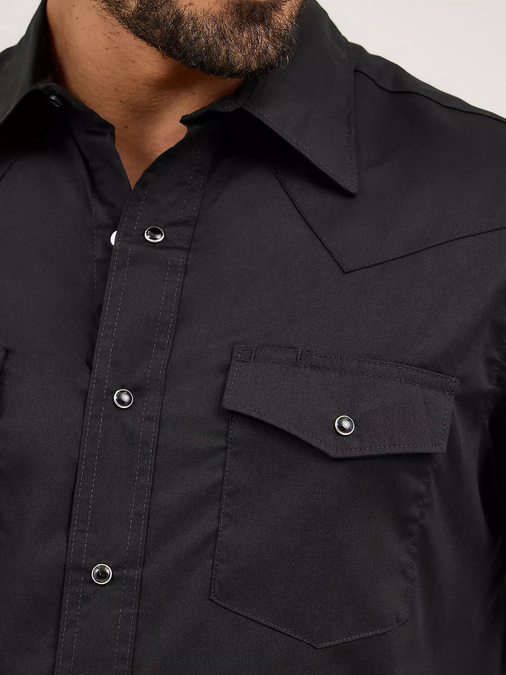 WRANGLER MENS LONG SLEEVE BLACK BROADCLOTH WESTERN SNAP SHIRT