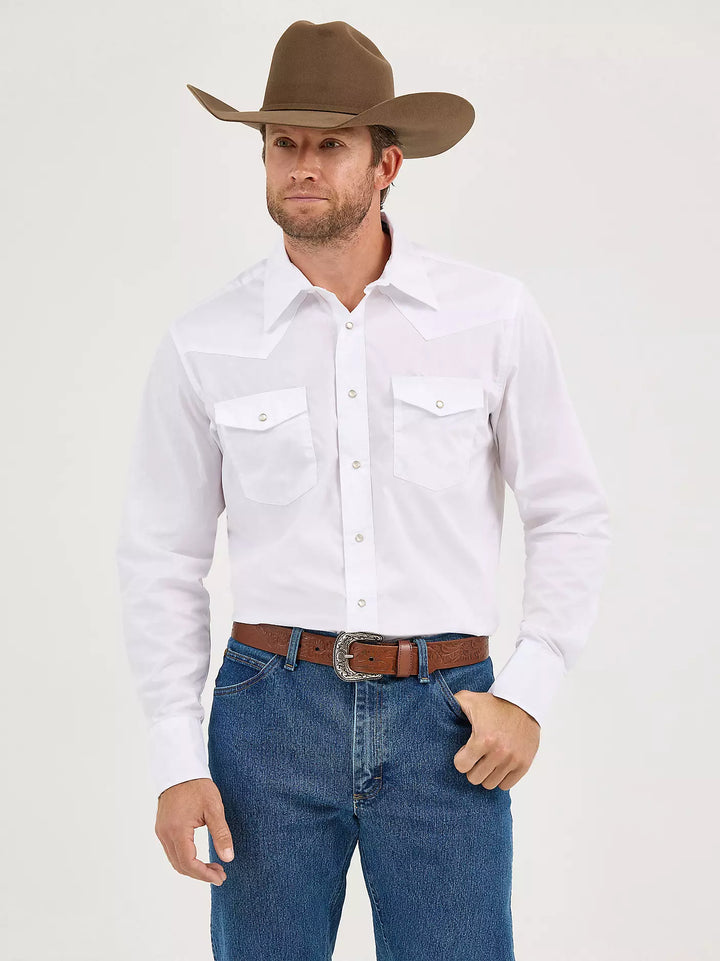 WRANGLER MENS LONG SLEEVE SOLID BROADCLOTH WHITE WESTERN SNAP SHIRT