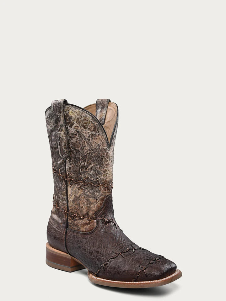 Corral Men's Brown Ostrich Barbed Wire Accent Square Toe Cowboy Boots