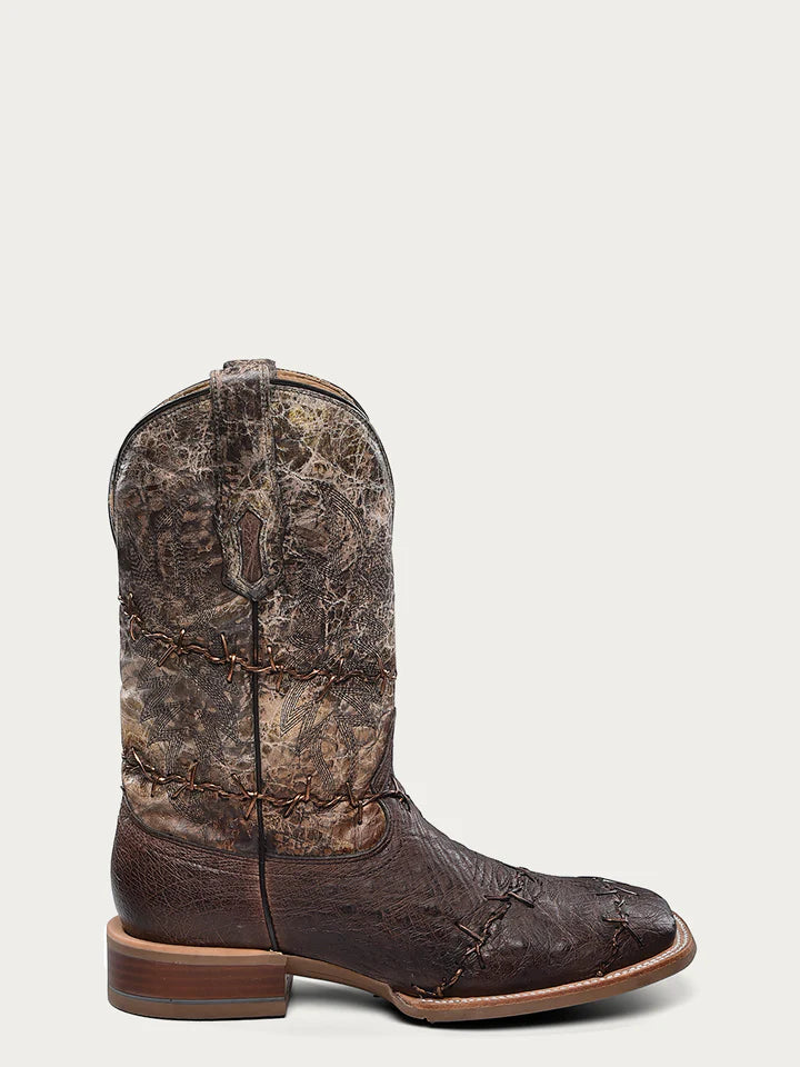 Corral Men's Brown Ostrich Barbed Wire Accent Square Toe Cowboy Boots
