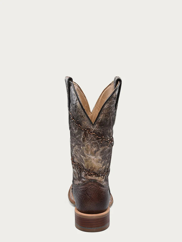 Corral Men's Brown Ostrich Barbed Wire Accent Square Toe Cowboy Boots