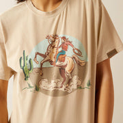 Beige t-shirt with a graphic of a cowboy on a horse and cactus