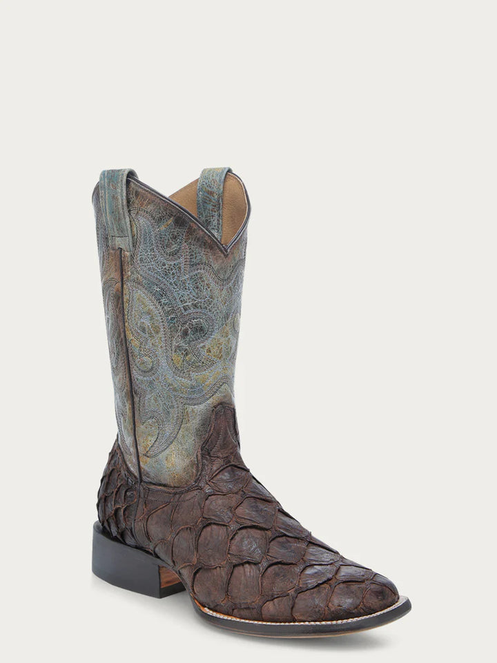 CORRAL MEN'S TOBACCO FISH PIRARUCU FADED TURQUOISE WIDE SQUARE COWBOY BOOT