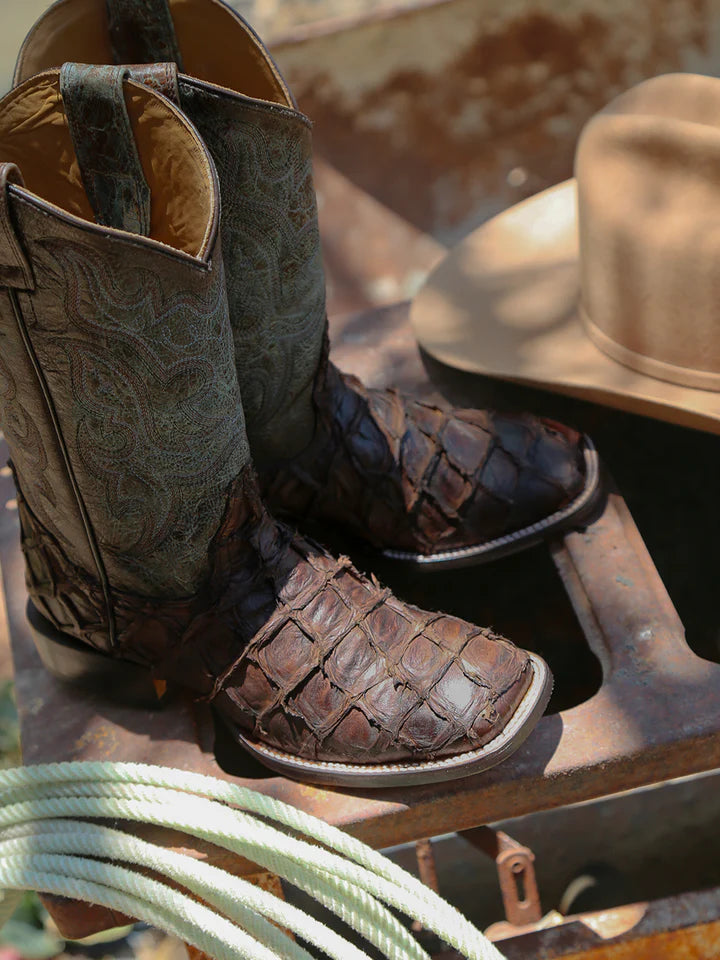 CORRAL MEN'S TOBACCO FISH PIRARUCU FADED TURQUOISE WIDE SQUARE COWBOY BOOT