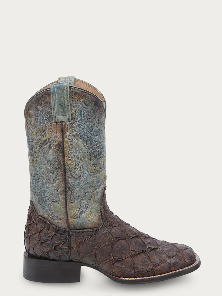 CORRAL MEN'S TOBACCO FISH PIRARUCU FADED TURQUOISE WIDE SQUARE COWBOY BOOT