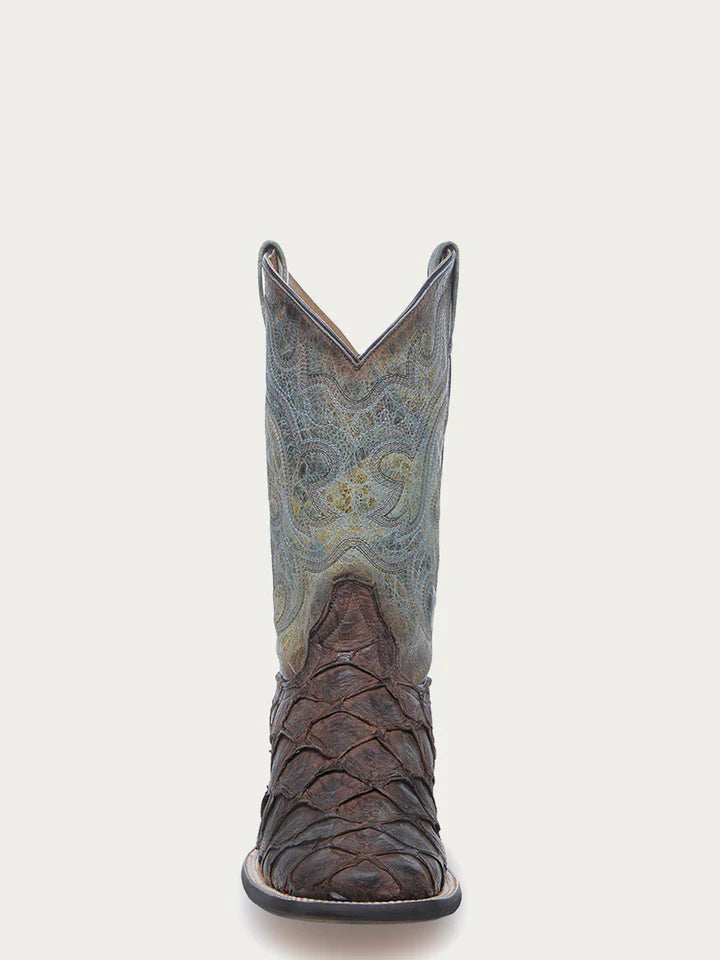 CORRAL MEN'S TOBACCO FISH PIRARUCU FADED TURQUOISE WIDE SQUARE COWBOY BOOT