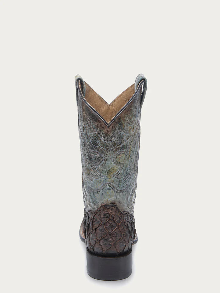 CORRAL MEN'S TOBACCO FISH PIRARUCU FADED TURQUOISE WIDE SQUARE COWBOY BOOT