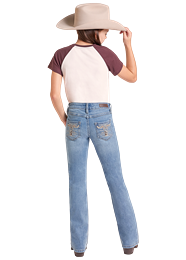 Rock & Roll GIRL Steer Embroidered Medium Wash BOOT CUT Jeans