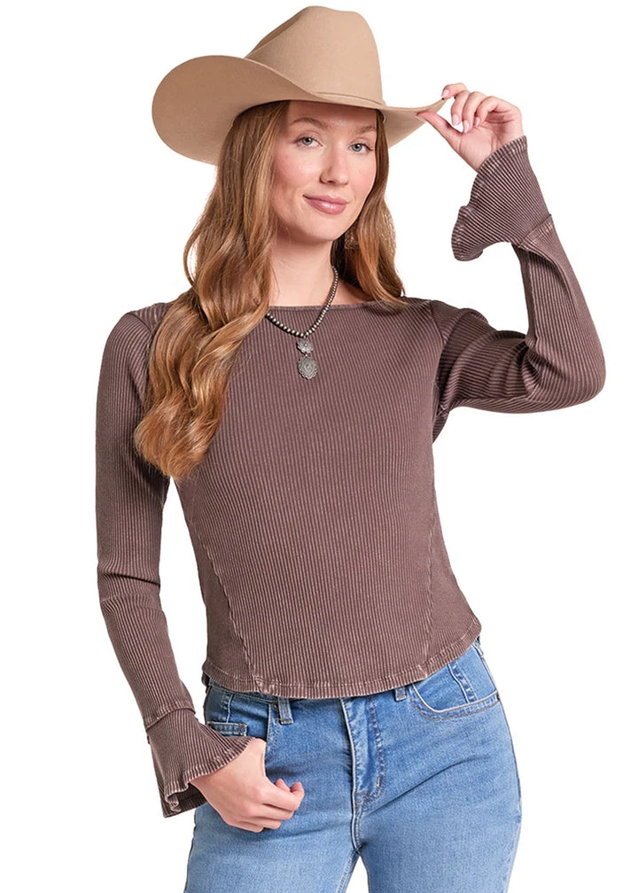ROCK AND ROLL WOMENS Brown Rib Knit Top LONG SLEEVE SHIRT