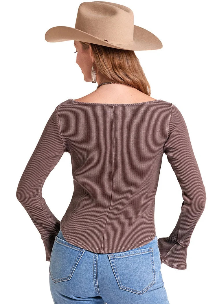 ROCK AND ROLL WOMENS Brown Rib Knit Top LONG SLEEVE SHIRT