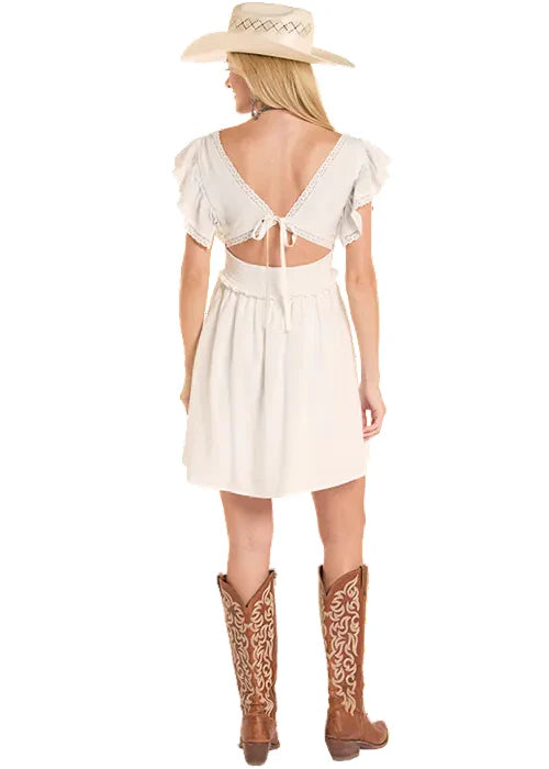 ROCK N ROLL Women's Natural Floral Embroidered V-Neck Flutter Sleeve Open Tie Back Mini Dress