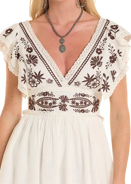 ROCK N ROLL Women's Natural Floral Embroidered V-Neck Flutter Sleeve Open Tie Back Mini Dress