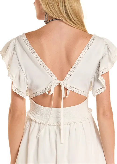 ROCK N ROLL Women's Natural Floral Embroidered V-Neck Flutter Sleeve Open Tie Back Mini Dress