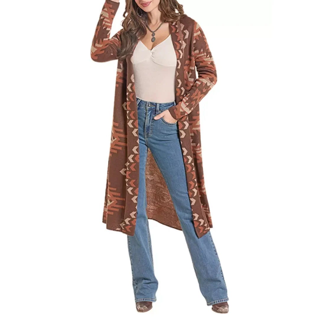 ROCK AND ROLL WOMEN'S CHOCOLATE AZTEC LONG SWEATER
