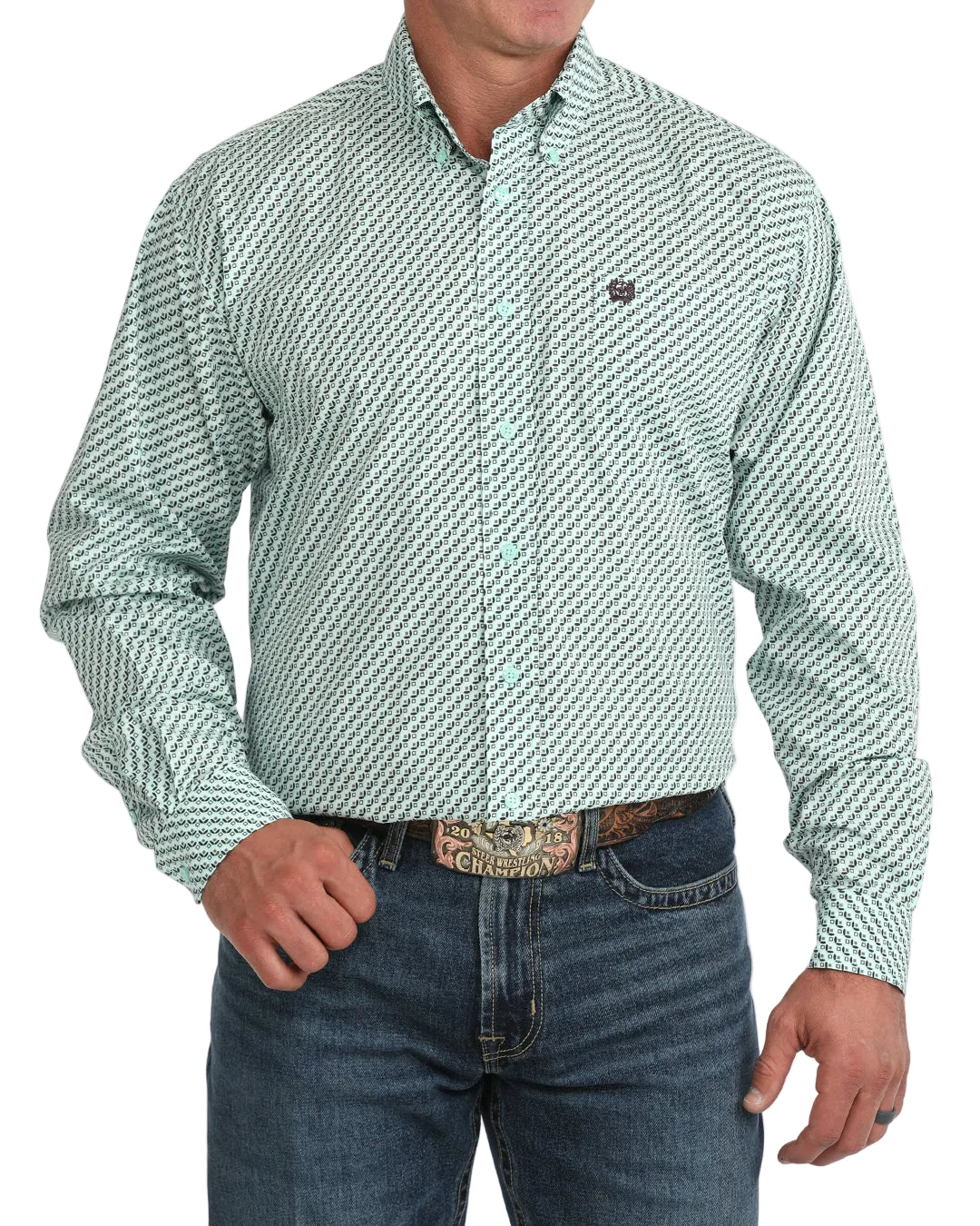 Cinch Men's Turquoise Long Sleeve Printed Button Down Shirt