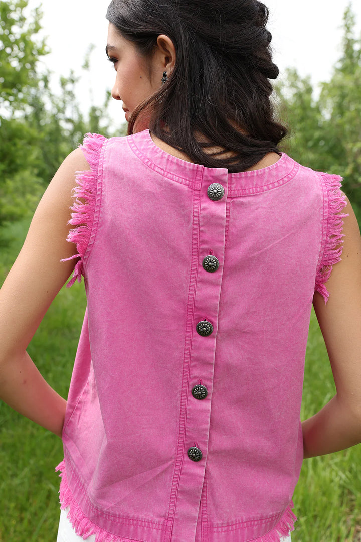 Cruel Girl Womens Concho Button Back Pink Sleeveless Raw Hem Tank Top