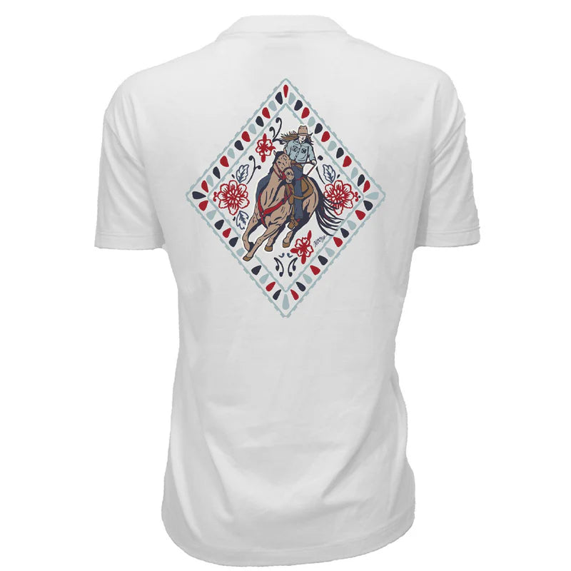 HOOEY WOMEN'S DERBY CREAM WITH RED AND BLUE COWGIRL AND HORSE ON BACK