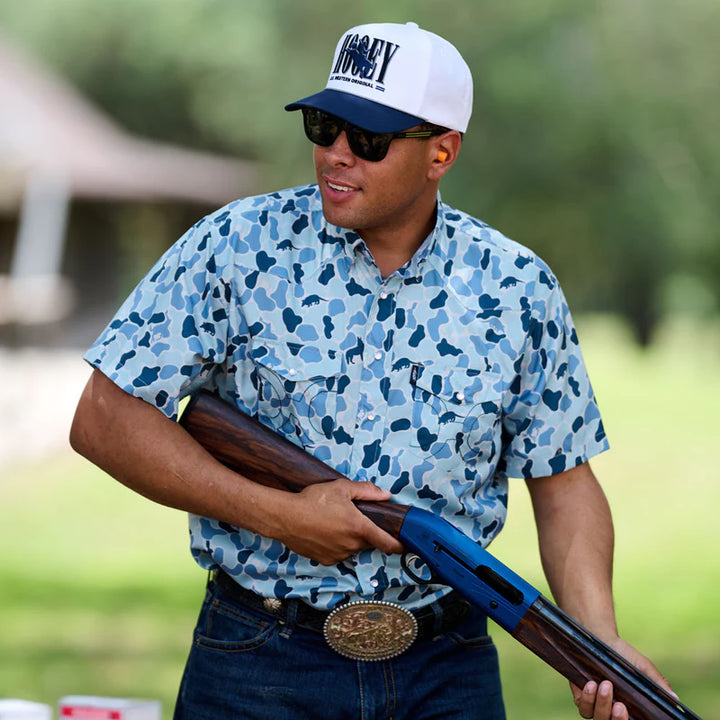 HOOEY MEN'S "SOL" SHORT SLEEVE PEARL SNAP BLUE CAMO SHIRT