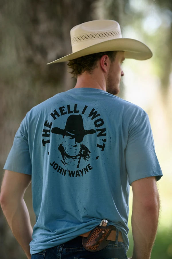 HOOEY MENS JOHN WAYNE THE HELL I WONT DENIM BLUE T SHIRT