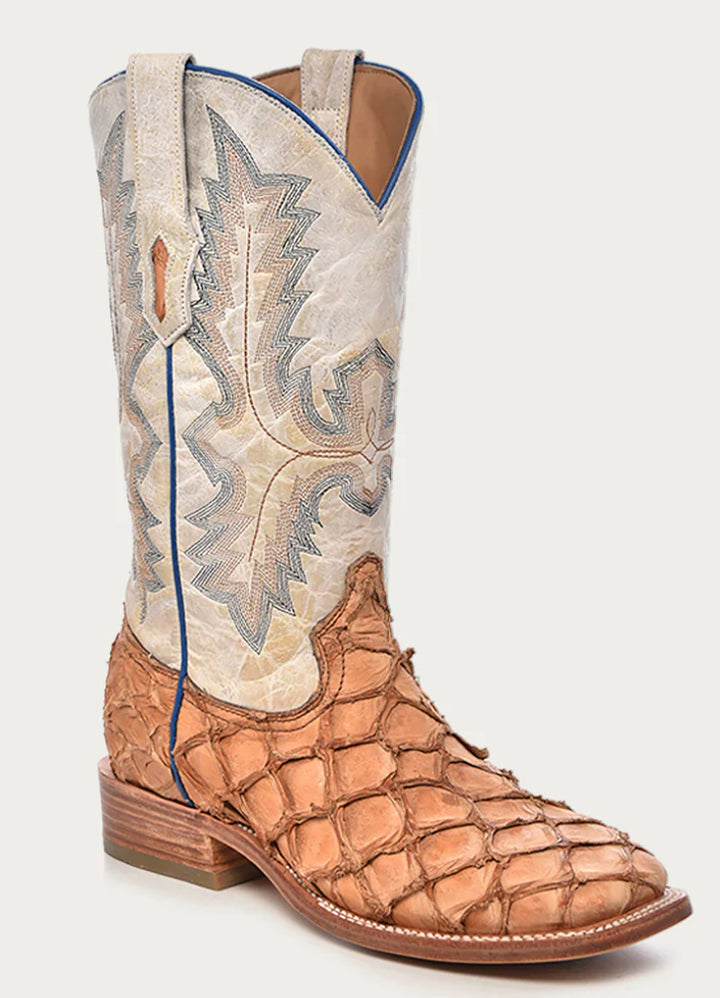 Corral MEN'S EMBROIDERY COGNAC PIRARUCU WHITE SQUARE TOE RODEO COWBOY BOOT