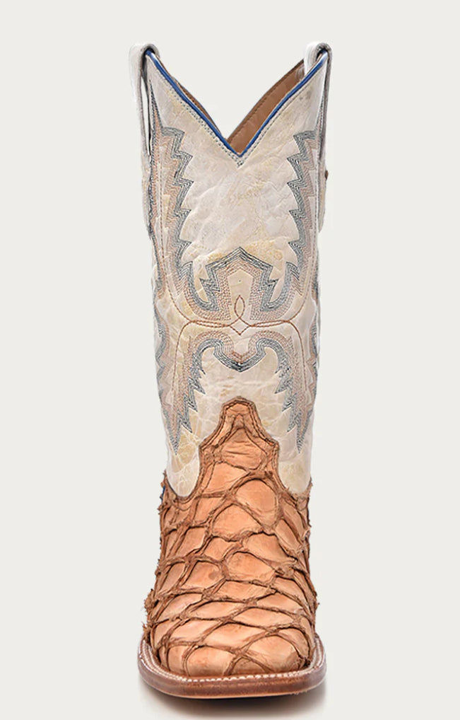 Corral MEN'S EMBROIDERY COGNAC PIRARUCU WHITE SQUARE TOE RODEO COWBOY BOOT