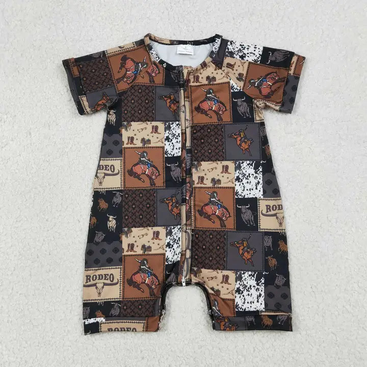 Faire Infant Boys Western Cowboy Rodeo Horse Summer Zip Rompers