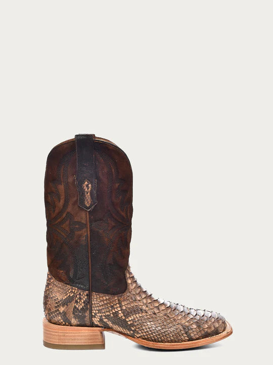 Corral  MEN'S EMBROIDERY LAMB SHAFT GENUINE BROWN PYTHON VAMP WIDE SQUARE TOE COWBOY BOOT