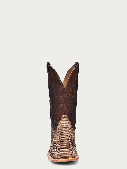 Corral  MEN'S EMBROIDERY LAMB SHAFT GENUINE BROWN PYTHON VAMP WIDE SQUARE TOE COWBOY BOOT