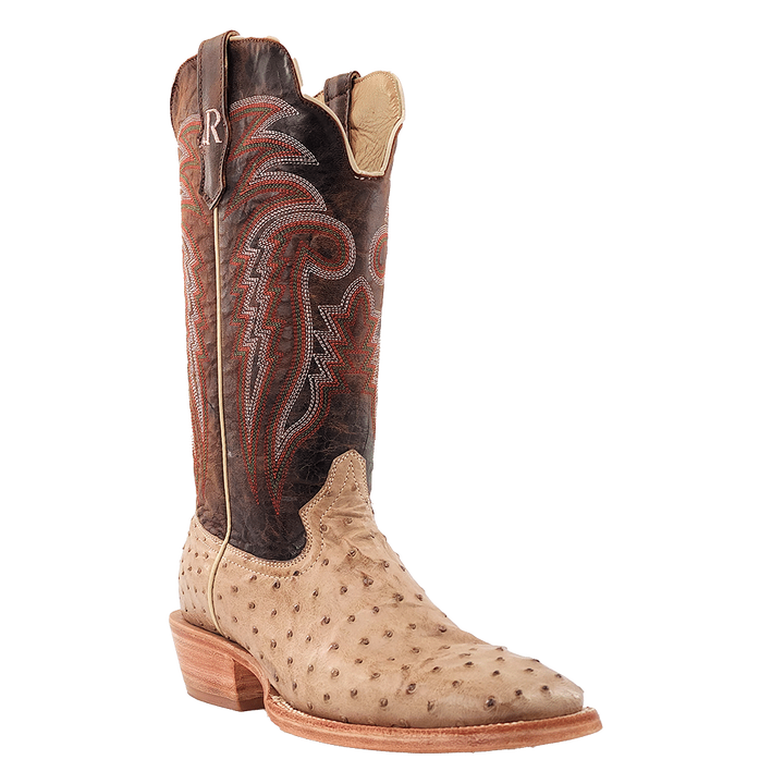 R. WATSON MEN'S SAND BRUCIATO FULL QUILL OSTRICH 13" WIDE SQUARE TOE BOOTS