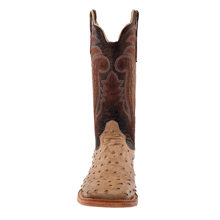 R. WATSON MEN'S SAND BRUCIATO FULL QUILL OSTRICH 13" WIDE SQUARE TOE BOOTS