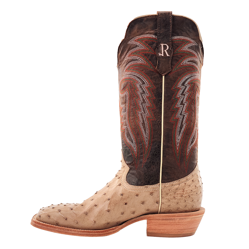 R. WATSON MEN'S SAND BRUCIATO FULL QUILL OSTRICH 13" WIDE SQUARE TOE BOOTS