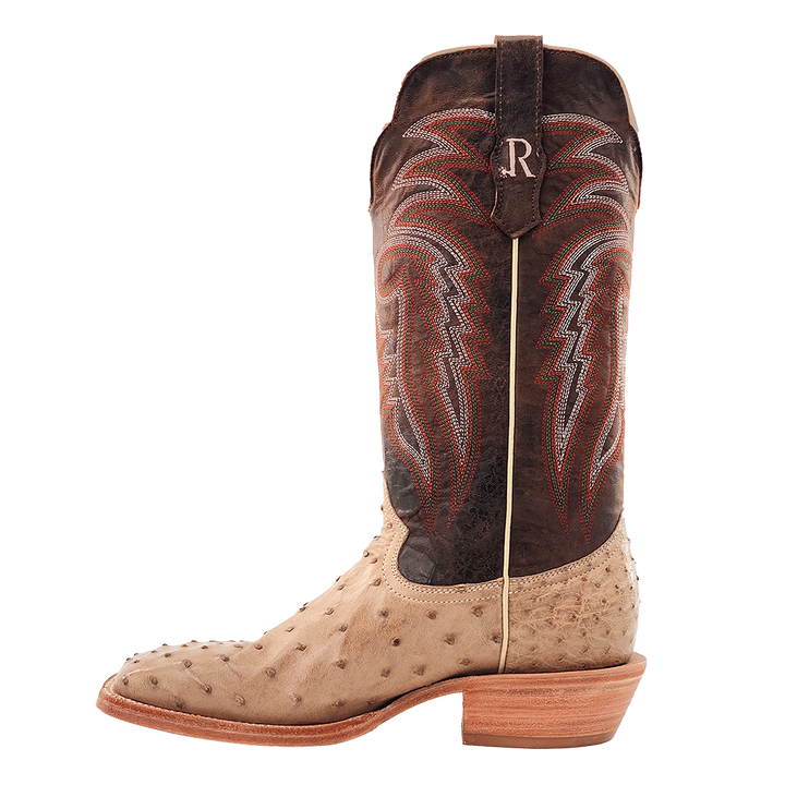 R. WATSON MEN'S SAND BRUCIATO FULL QUILL OSTRICH 13" WIDE SQUARE TOE BOOTS