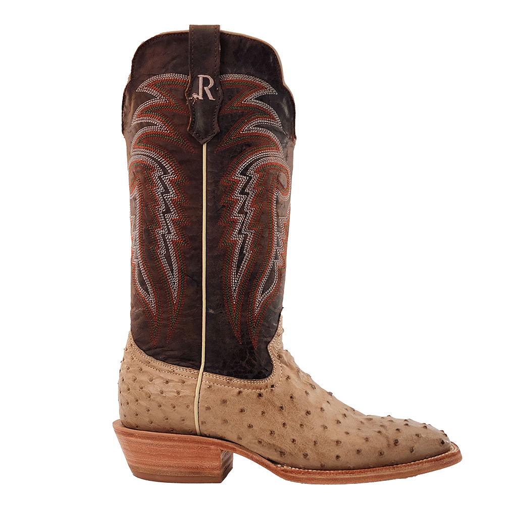 R. WATSON MEN'S SAND BRUCIATO FULL QUILL OSTRICH 13" WIDE SQUARE TOE BOOTS