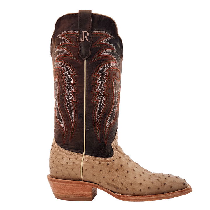 R. WATSON MEN'S SAND BRUCIATO FULL QUILL OSTRICH 13" WIDE SQUARE TOE BOOTS