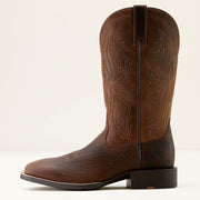 Side view of Ariat cowboy boots for men showing wide square toe and four-row stitch pattern